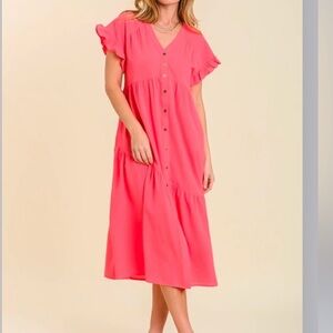 Umgee NWT coral Pink Flutter Sleeve Tiered Midi Sundress